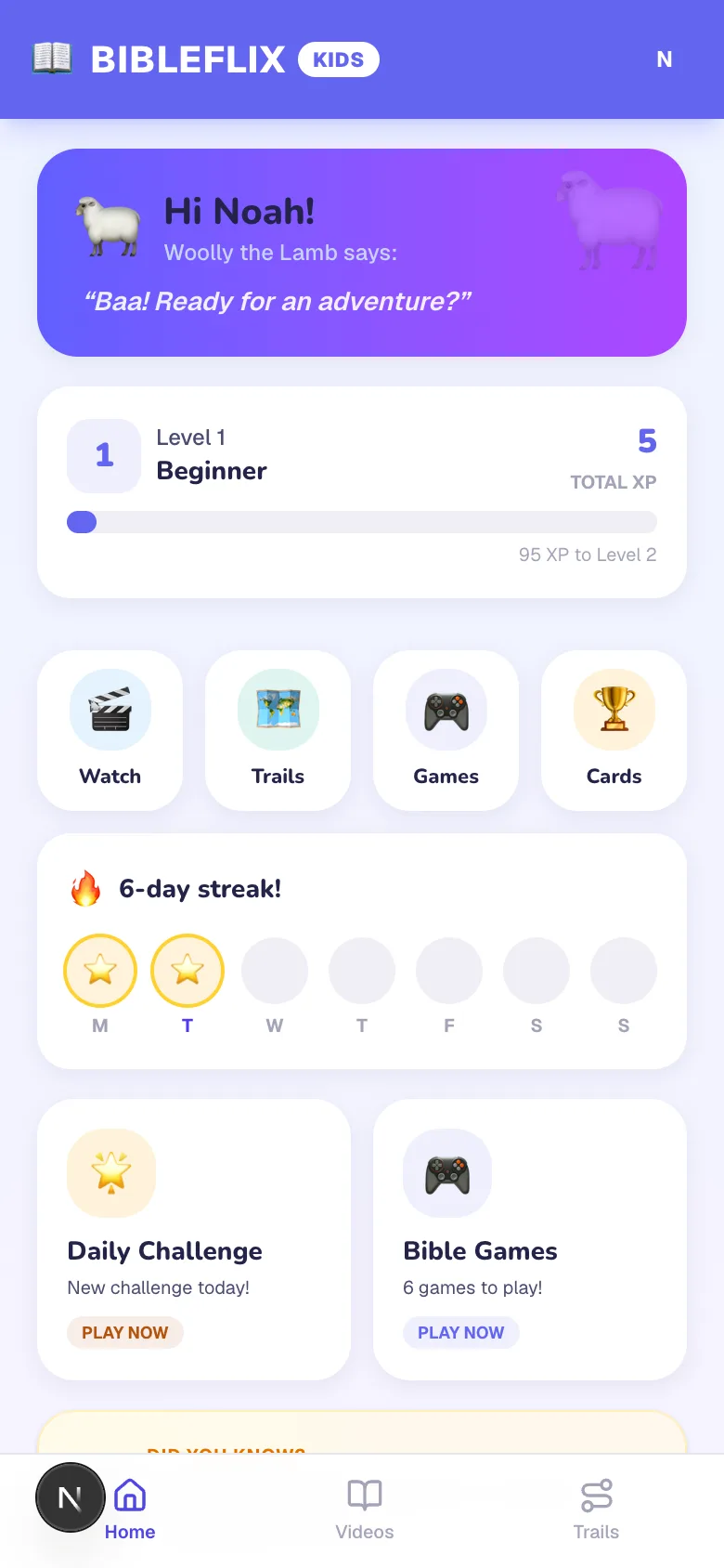 BibleFlix Kids home screen with daily challenge and streak tracker